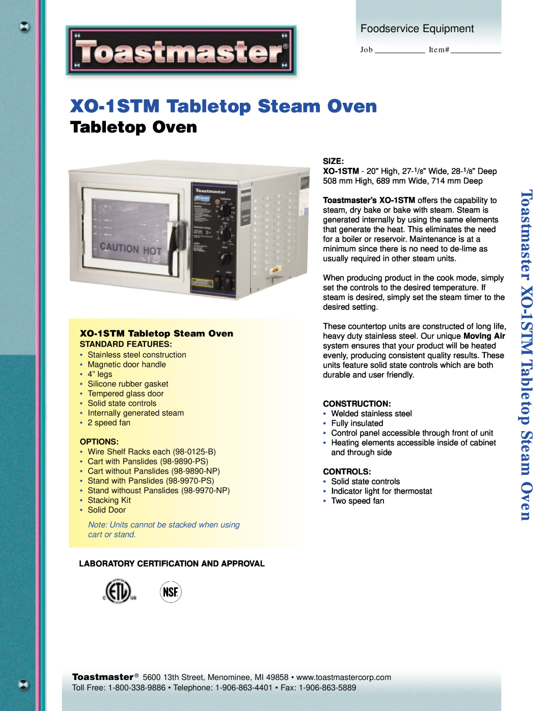 Toastmaster manual Tabletop Oven, Toastmaster XO-1STMTabletop Steam Oven, Foodservice Equipment 