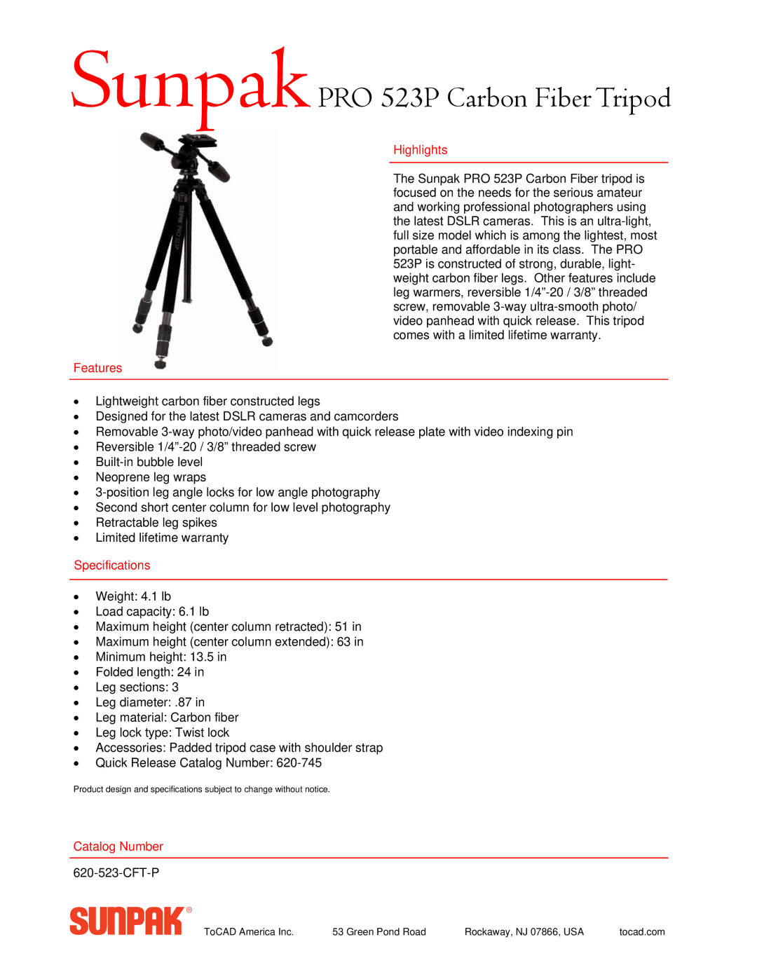 ToCAD CFT-P manual SunpakPRO 523P Carbon Fiber Tripod, Highlights, Features, Specifications, Catalog Number 