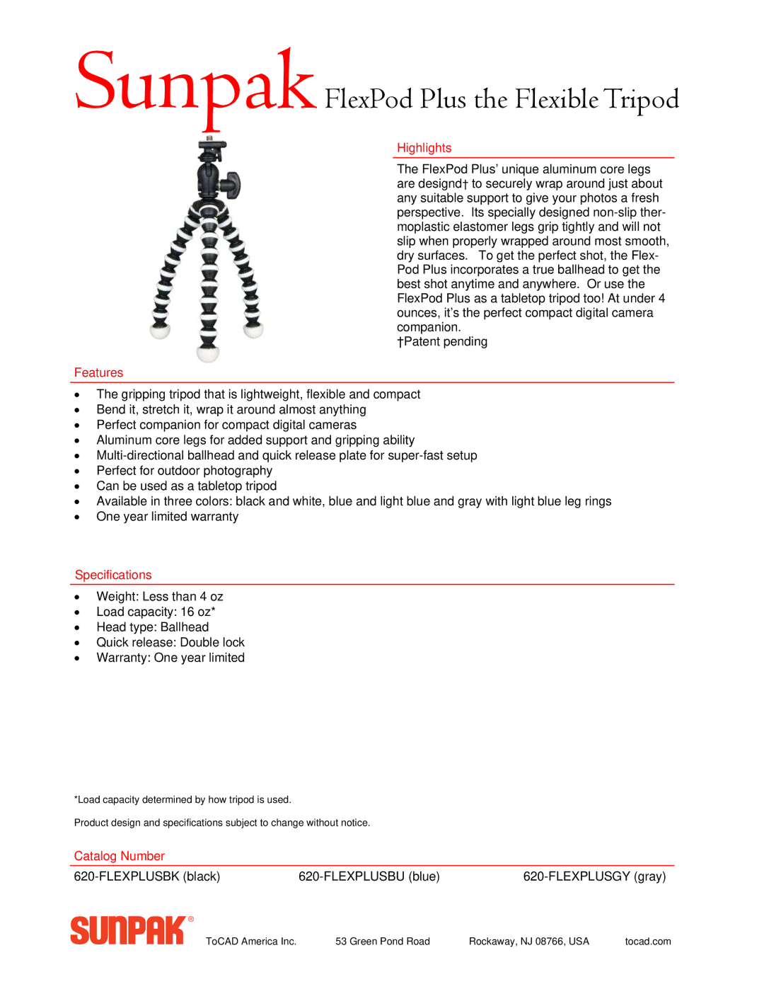 ToCAD FlexPod Plus the FlexibleTripod manual SunpakFlexPod Plus the Flexible Tripod, Highlights, Features, Specifications 