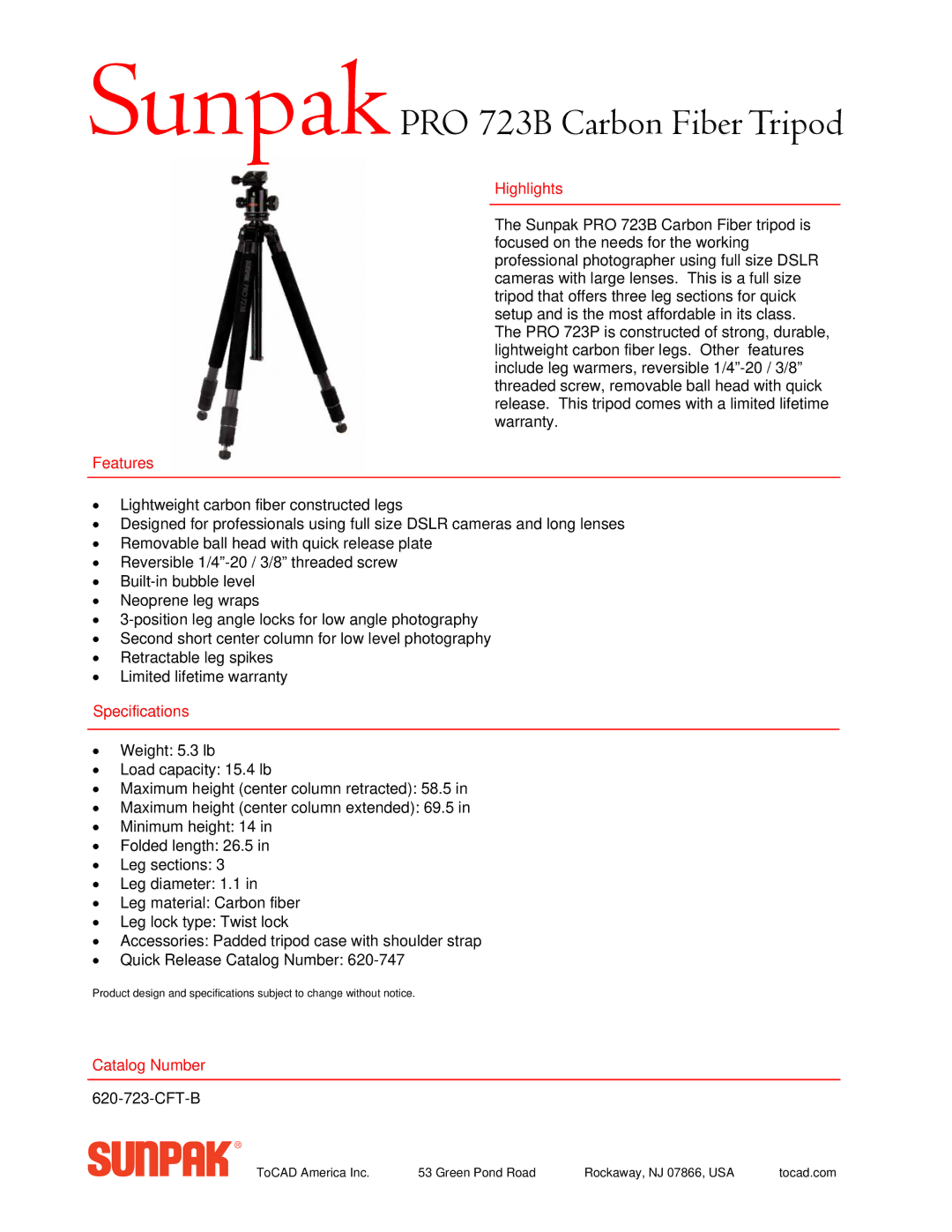 ToCAD manual SunpakPRO 723B Carbon Fiber Tripod, Highlights, Features, Specifications, Catalog Number 