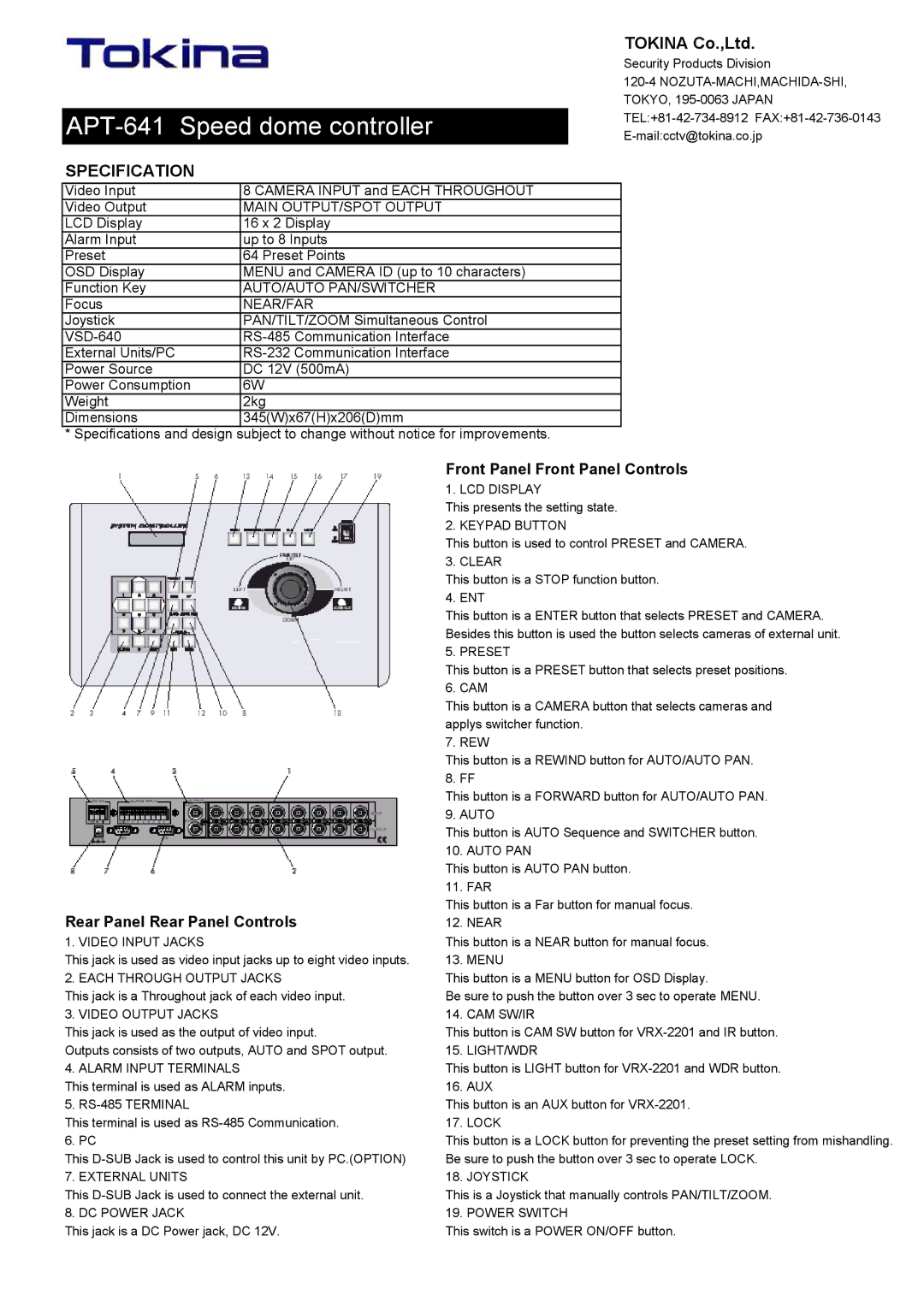 Tokina APT-641 manual Front Panel Front Panel Controls, Rear Panel Rear Panel Controls, Main OUTPUT/SPOT Output, Near/Far 