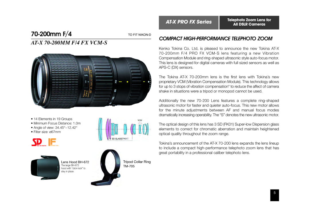 Tokina ATX840AFDC manual 70-200mm F/4, AT-X 70-200MM F/4 FX VCM-S 