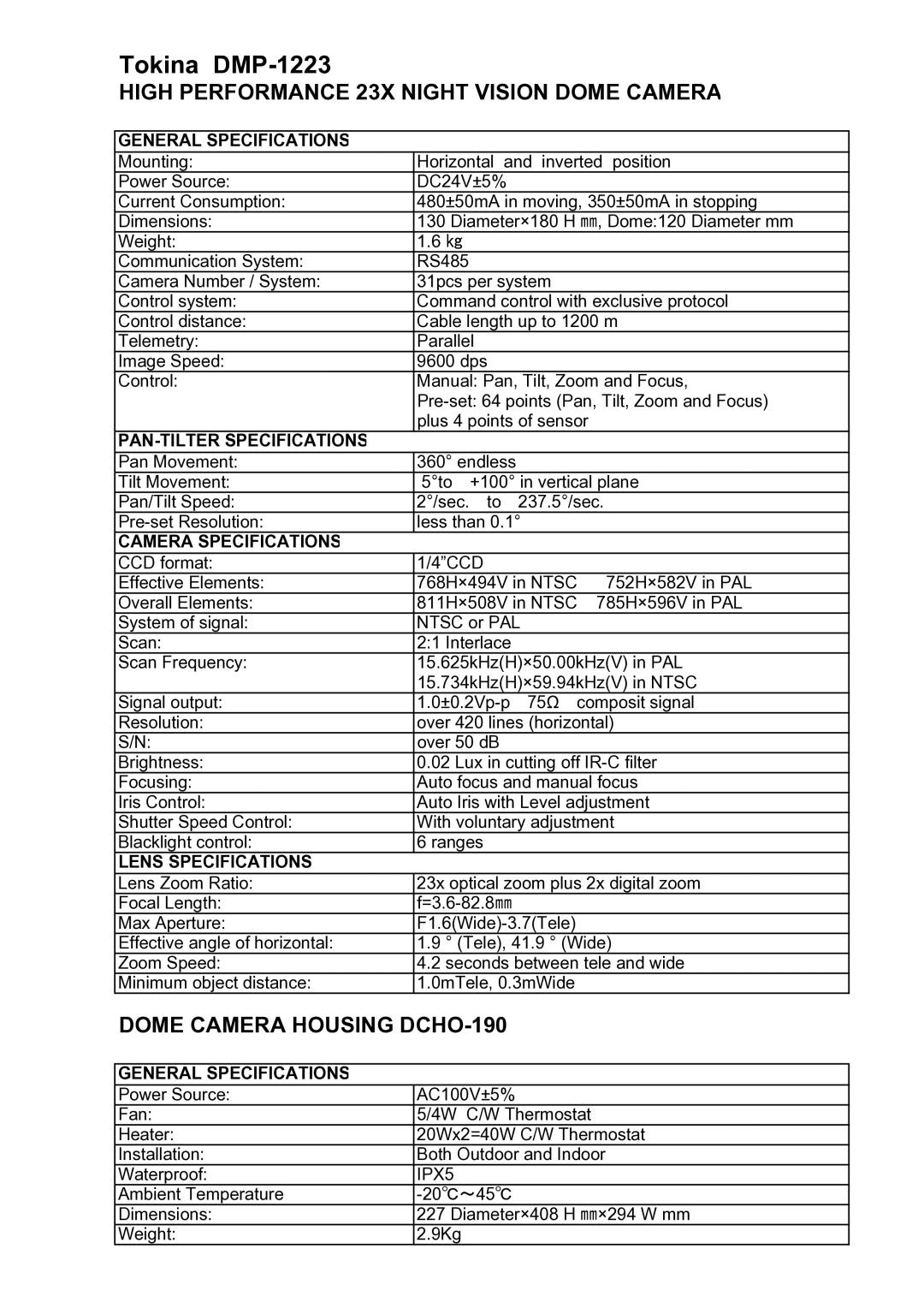 Tokina manual Tokina DMP-1223, High Performance 23X Night Vision Dome Camera, Dome Camera Housing DCHO-190 