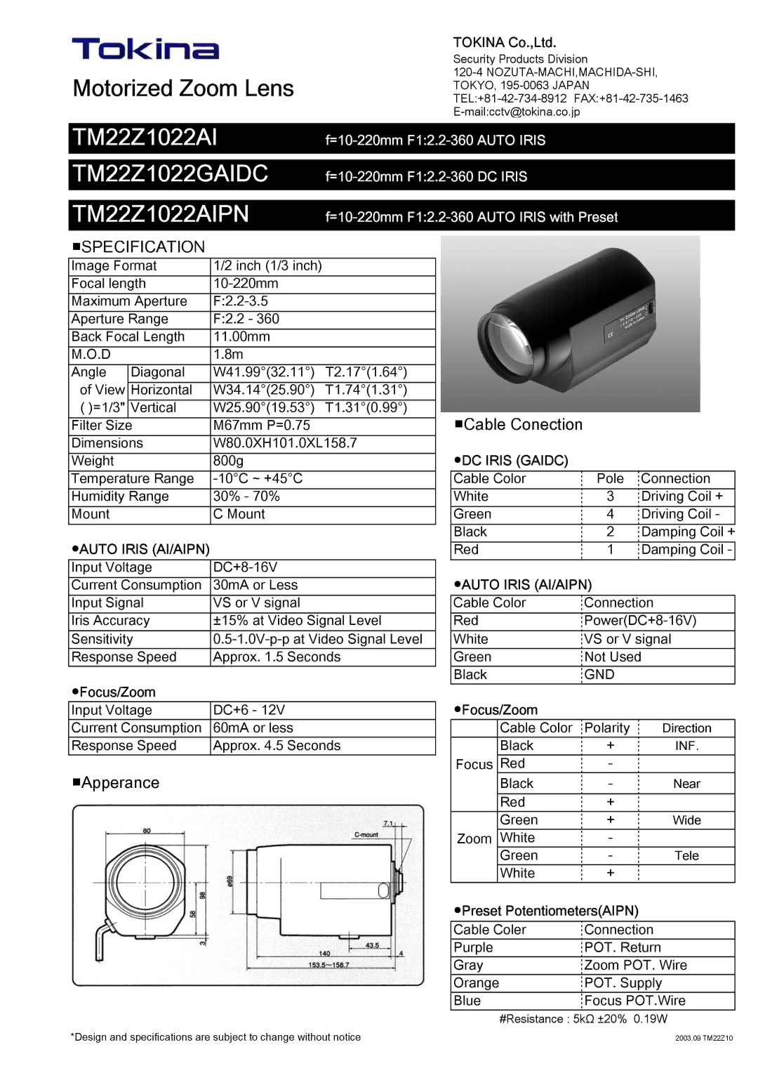 Tokina manual TM22Z1022GAIDC TM22Z1022AIPN, Specification, Apperance Cable Conection, Auto Iris AI/AIPN, DC Iris Gaidc 