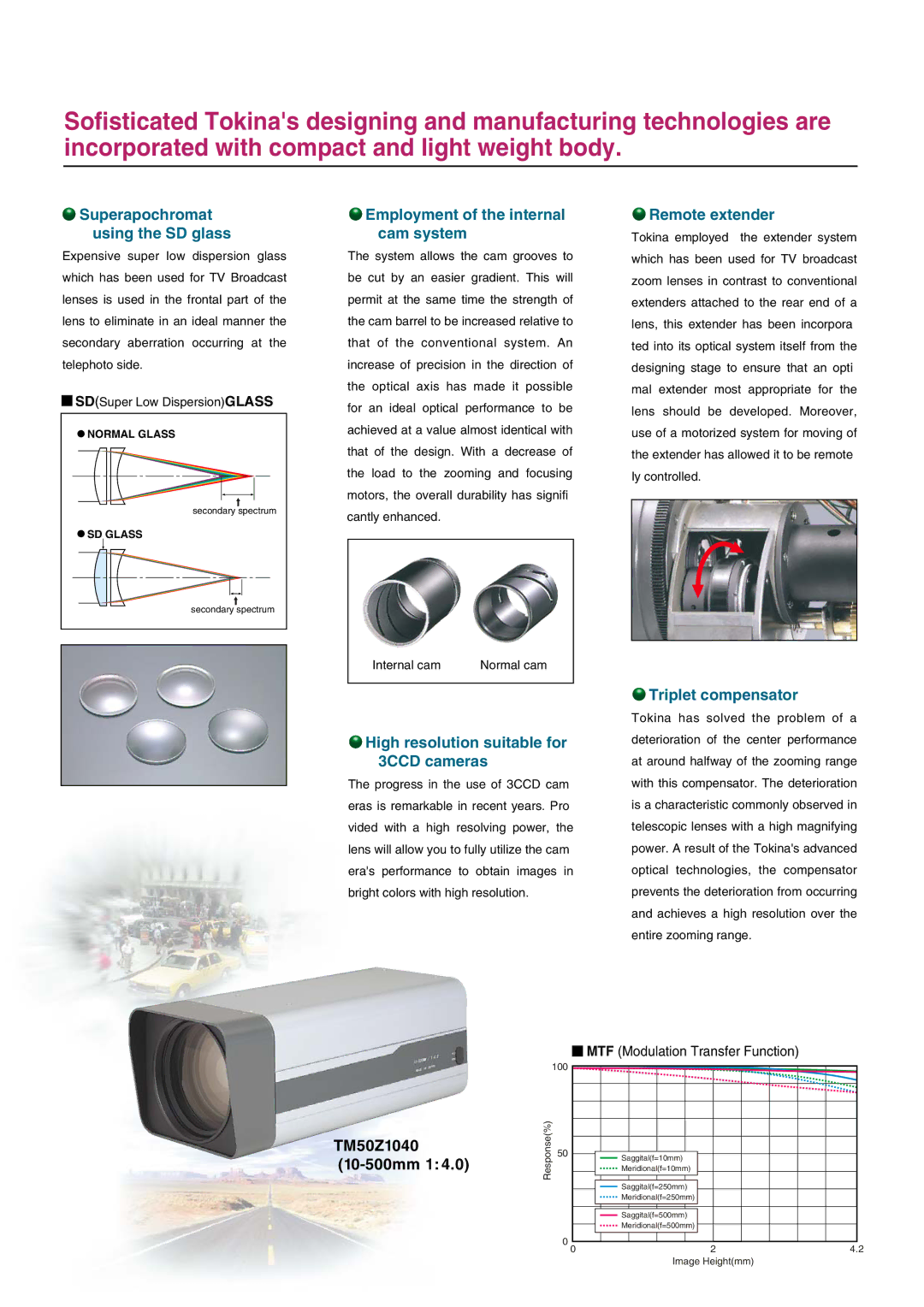 Tokina TM50Z1040AI manual Superapochromat using the SD glass, Employment of the internal cam system, Remote extender 