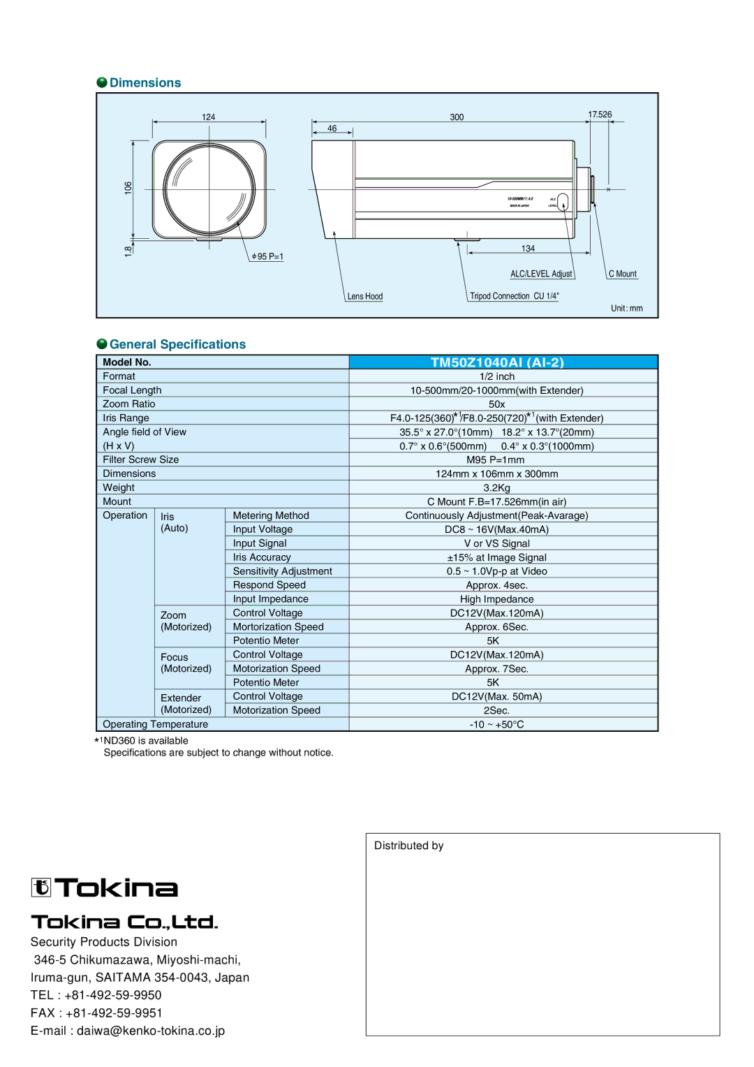 Tokina TM50Z1040AI manual Dimensions, General Specifications 