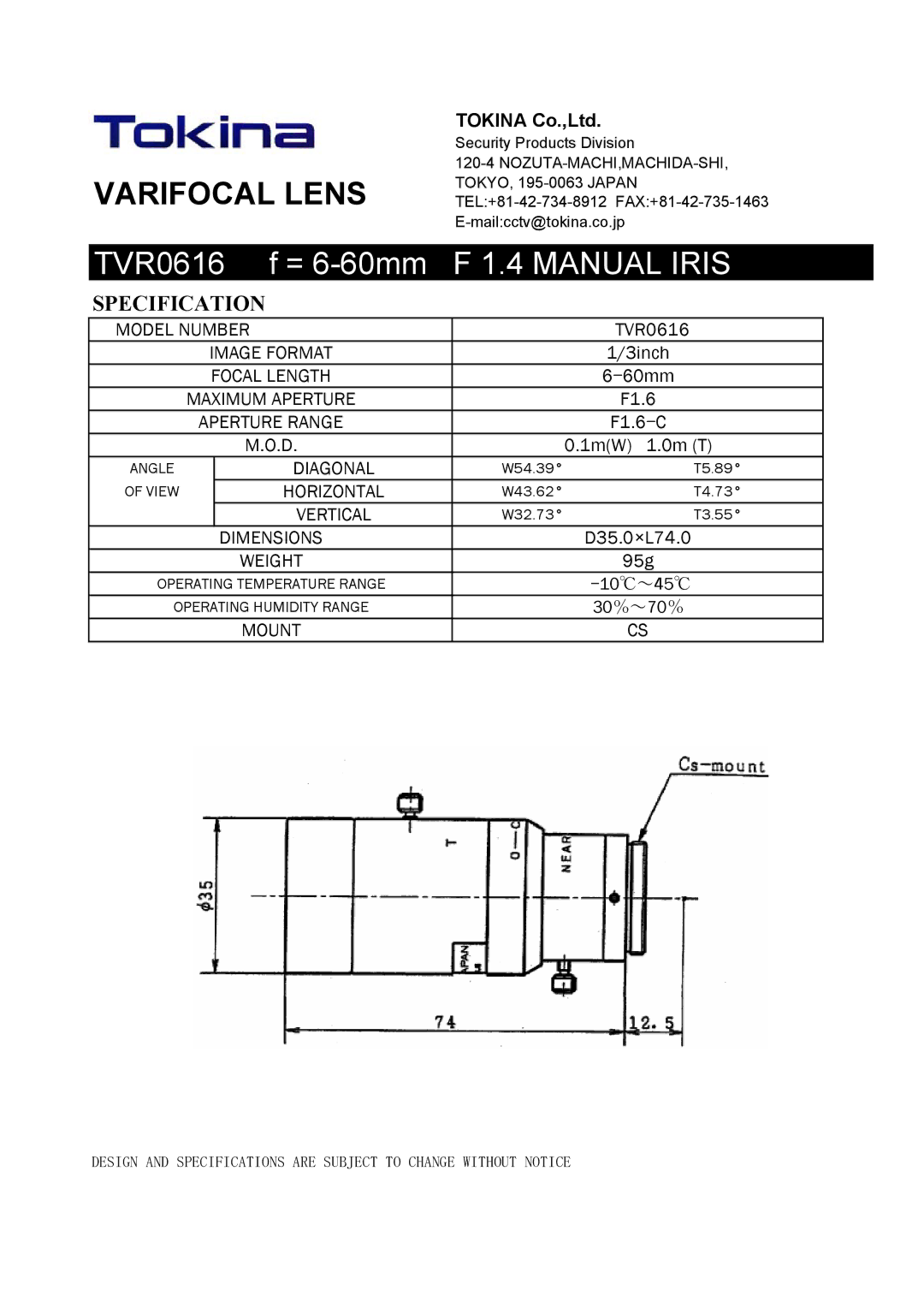 Tokina TVR0616 manual Varifocal Lens, Manual Iris, Specification 