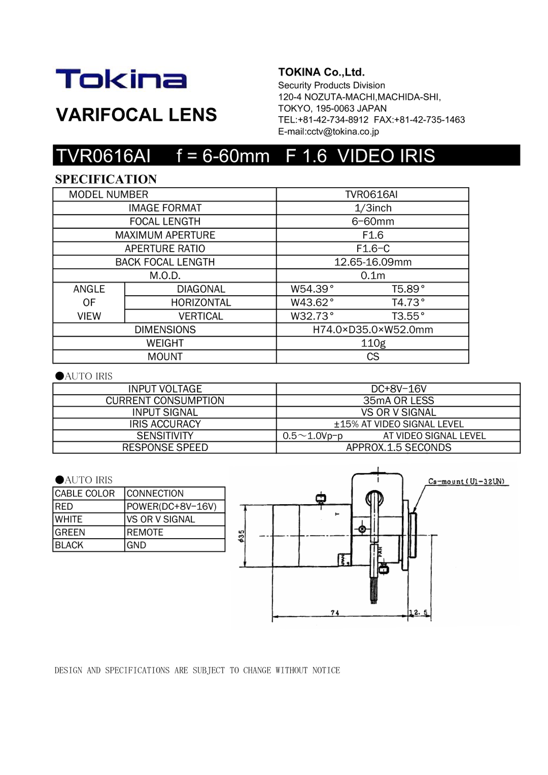 Tokina TVR0616AI manual Varifocal Lens, Video Iris, Specification 