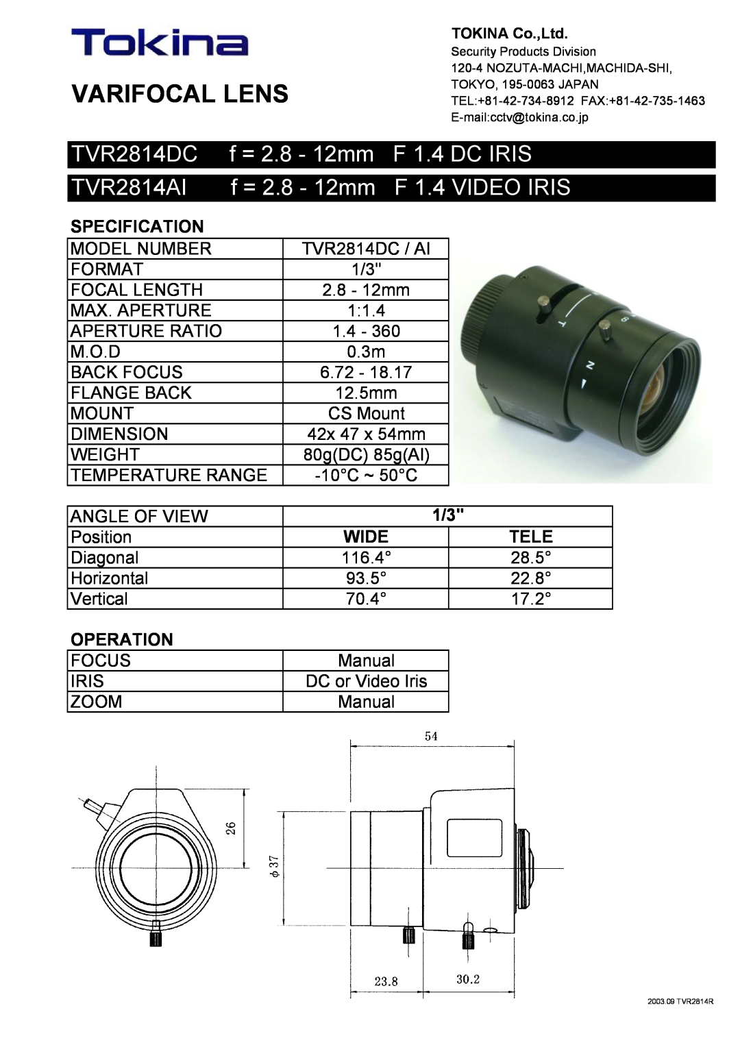 Tokina TVR2814DC / AI manual Varifocal Lens, F 1.4 DC IRIS, TVR2814AI, f = 2.8 - 12mm F 1.4 VIDEO IRIS, Specification 