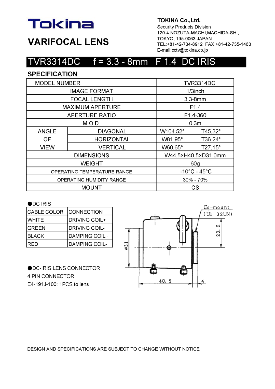 Tokina TVR3314DC manual Varifocal Lens, DC Iris, Specification 