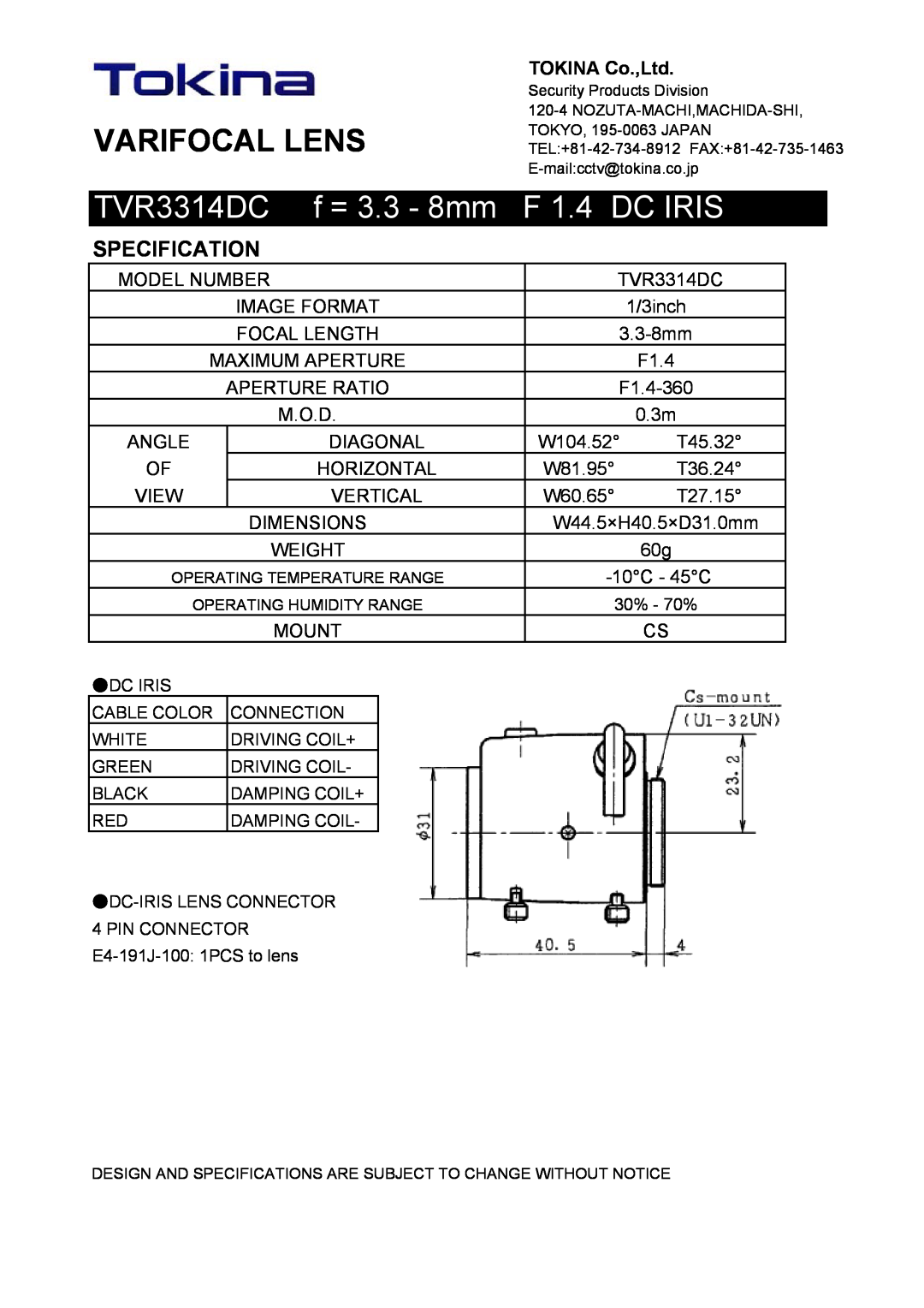 Tokina TVR3314DC manual Varifocal Lens, f = 3.3 - 8mm, F 1.4 DC IRIS, Specification 