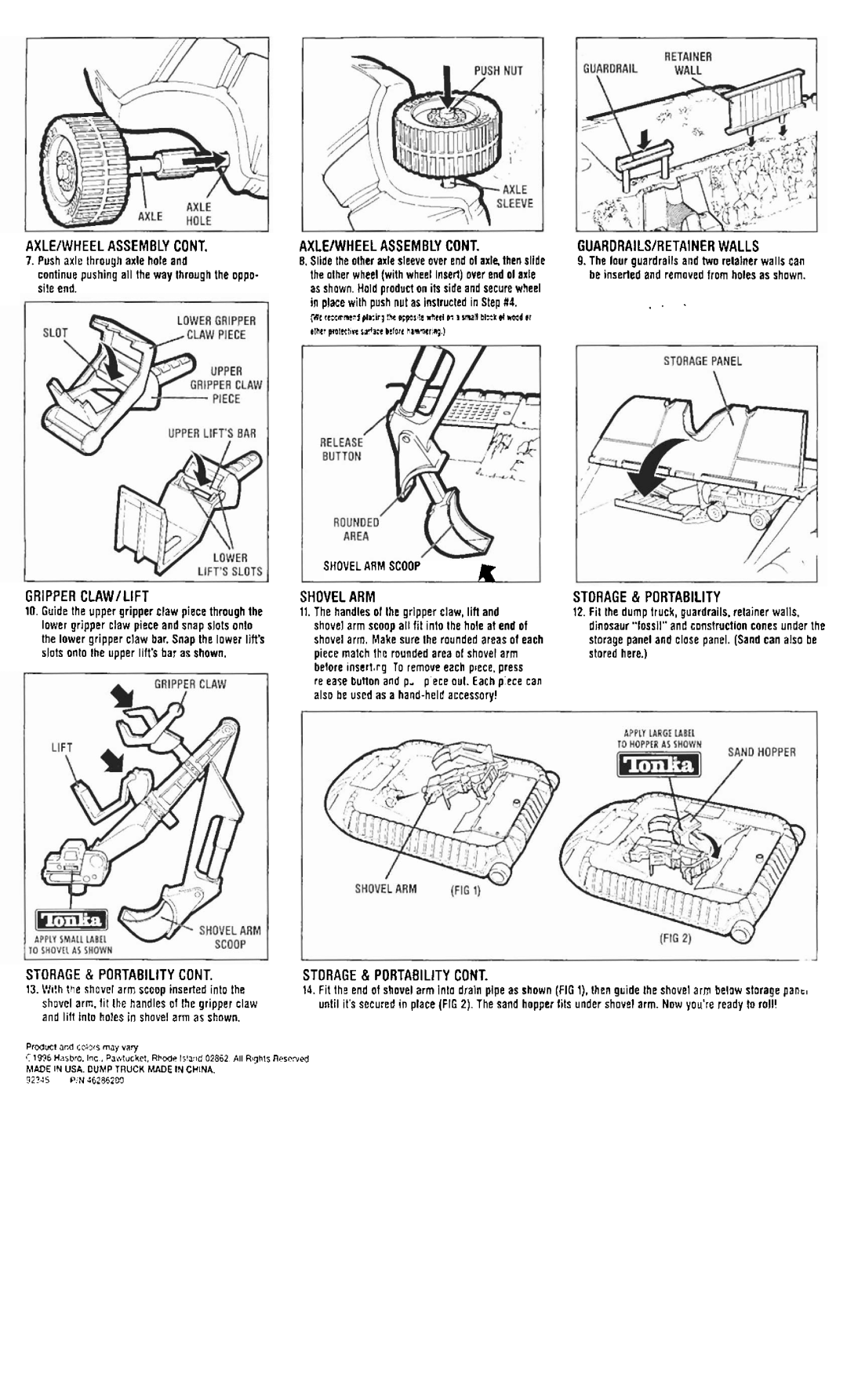 Tonka none manual Axleiwheel Assembly, Guarorailsiretainerwalls, Gripper CLAWlLlFT, Storage & Portability, Shovel ARM 