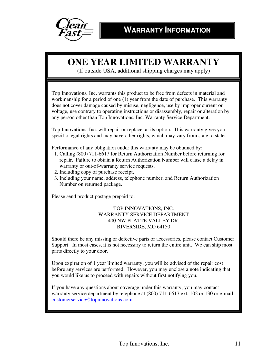 Top Innovations CF-952 warranty ONE Year Limited Warranty, Warranty Information 