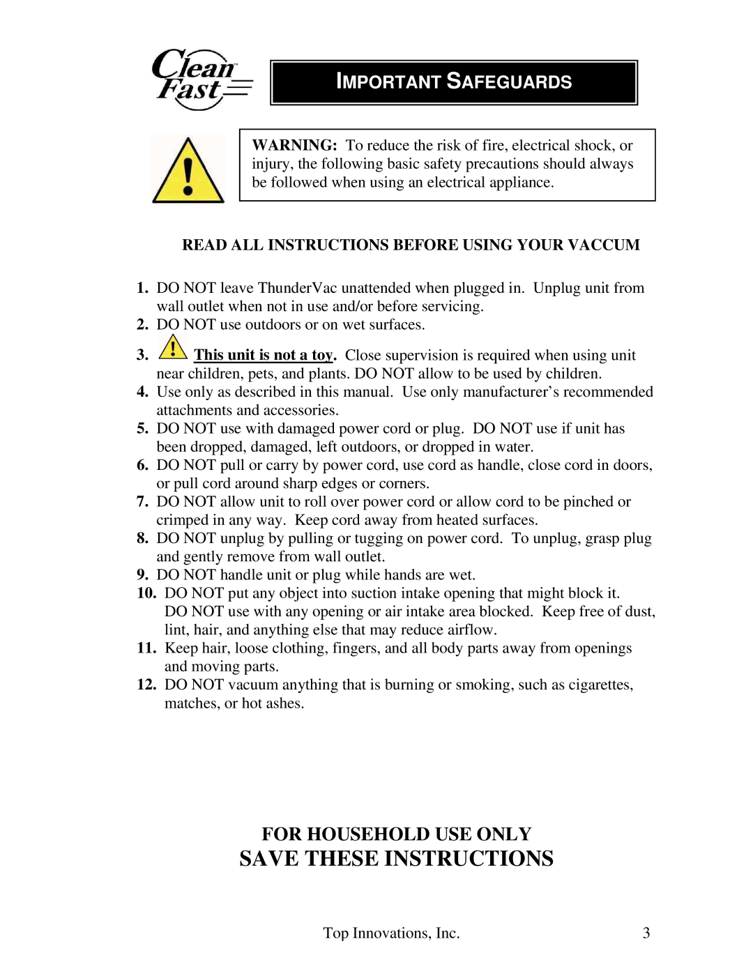 Top Innovations CF-952 warranty Important Safeguards, Read ALL Instructions Before Using Your Vaccum 