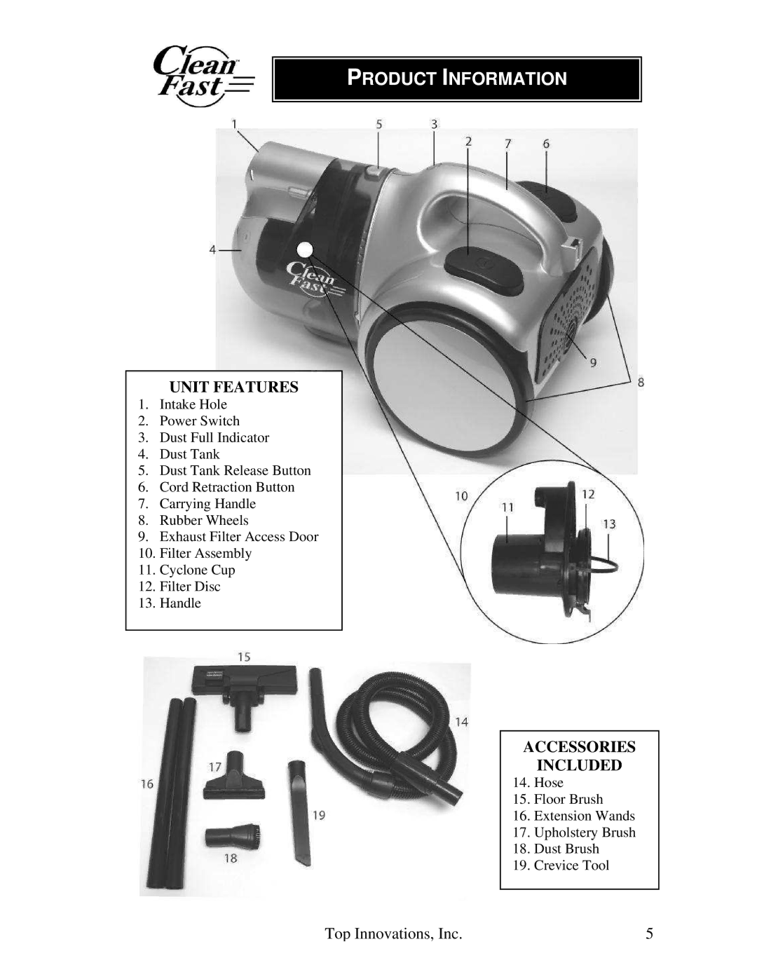 Top Innovations CF-952 warranty Product Information, Unit Features, Accessories Included 