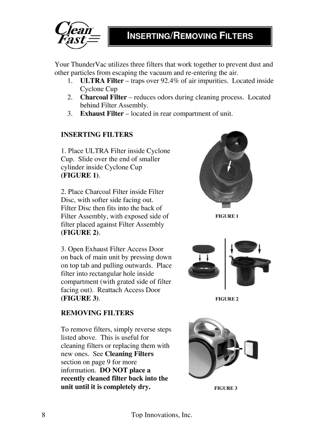 Top Innovations CF-952 warranty INSERTING/REMOVING Filters, Inserting Filters, Removing Filters 