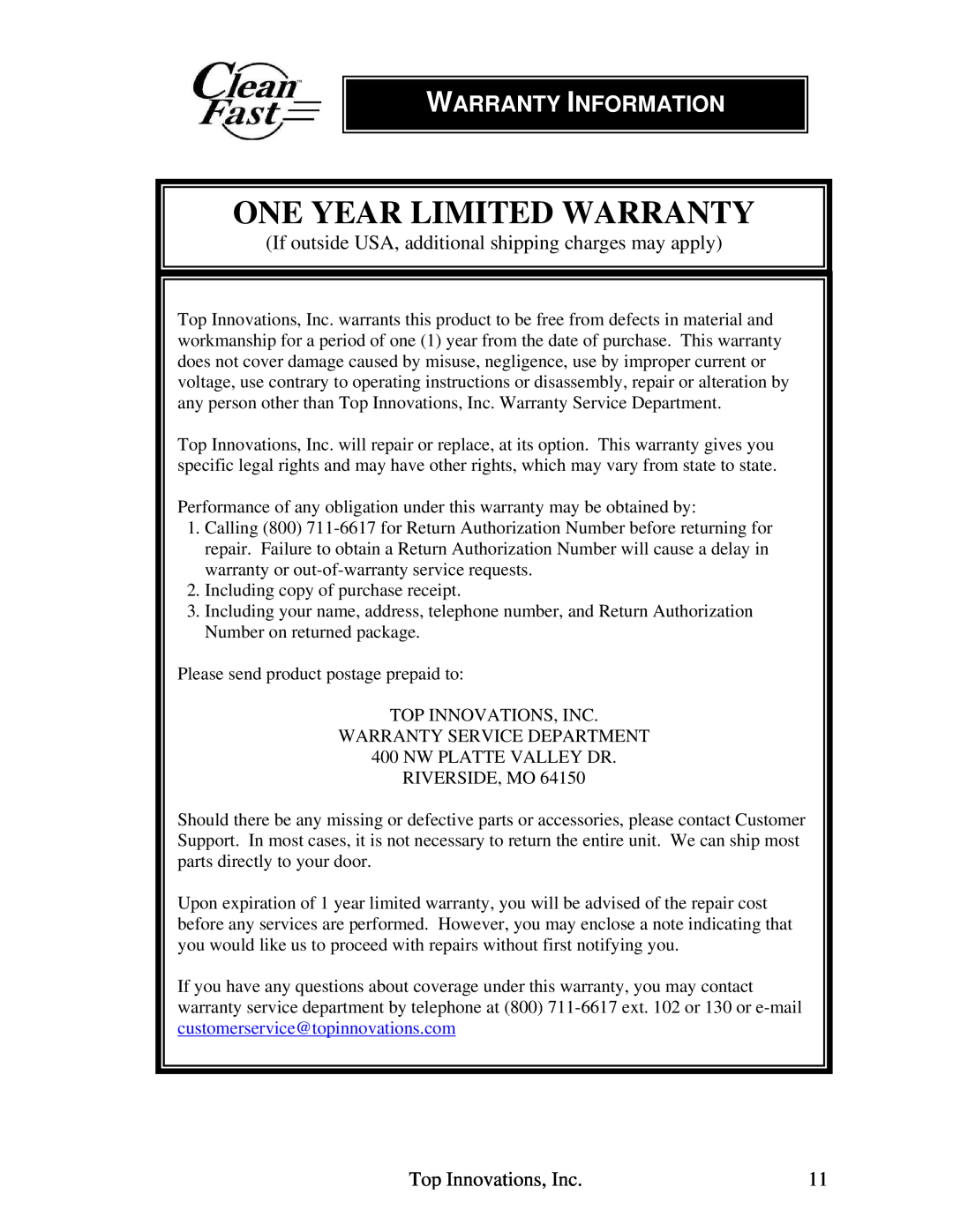 Top Innovations CF-952 warranty One Year Limited Warranty, Warranty Information 