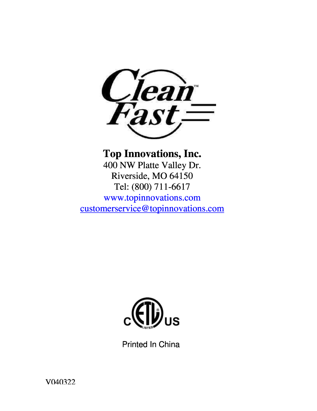 Top Innovations CF-952 warranty Top Innovations, Inc, NW Platte Valley Dr 