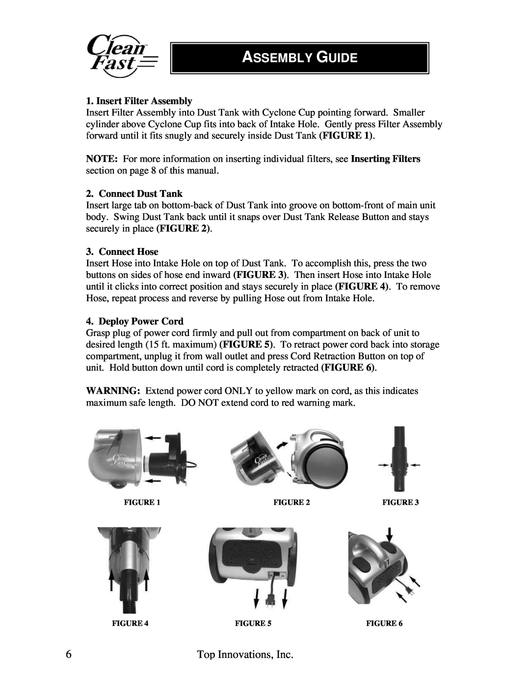 Top Innovations CF-952 warranty Assembly Guide, Insert Filter Assembly, Connect Dust Tank, Connect Hose, Deploy Power Cord 