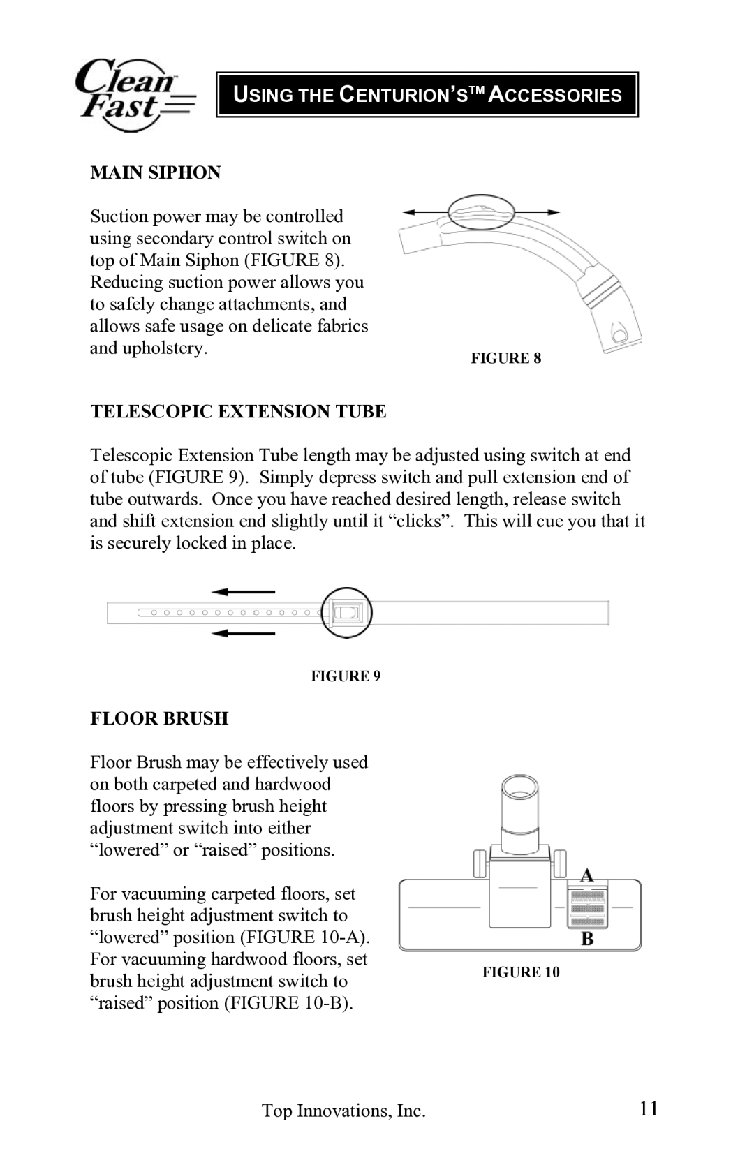 Top Innovations CF-980 warranty Using the CENTURION’STM Accessories, Main Siphon, Telescopic Extension Tube, Floor Brush 