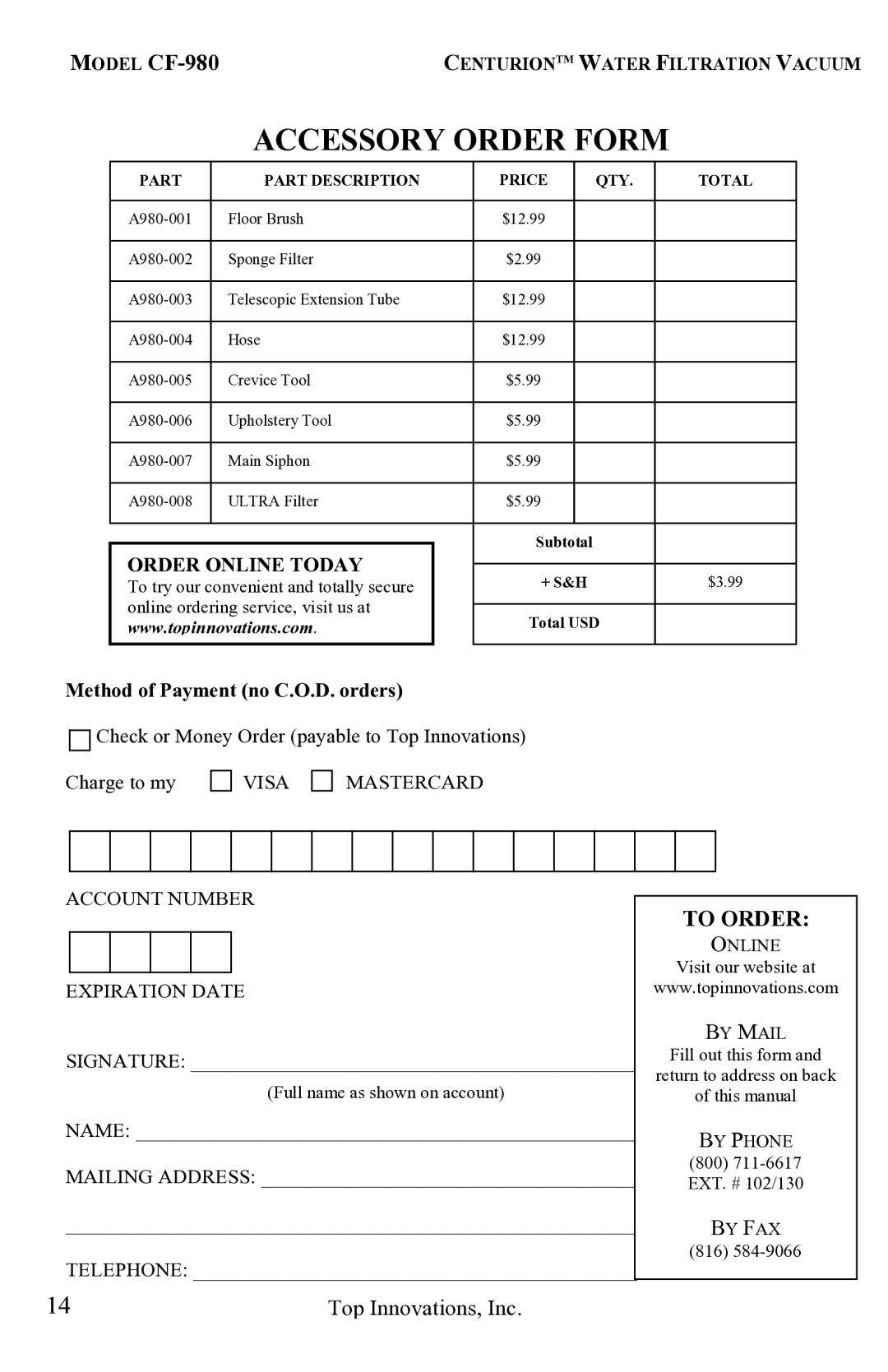 Top Innovations CF-980 warranty Accessory Order Form, To Order 