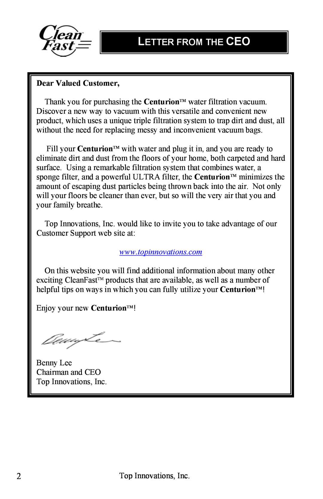 Top Innovations CF-980 warranty Letter From The Ceo, Dear Valued Customer 