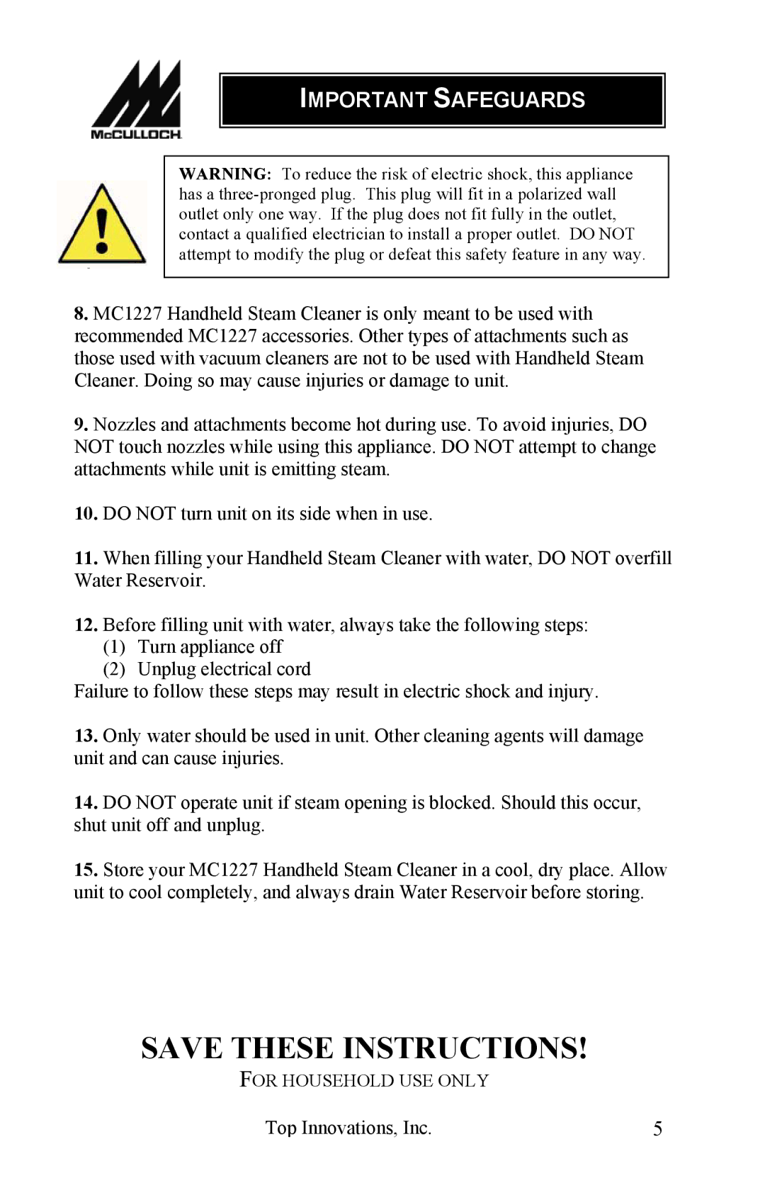 Top Innovations MC1227 warranty Important Safeguards 