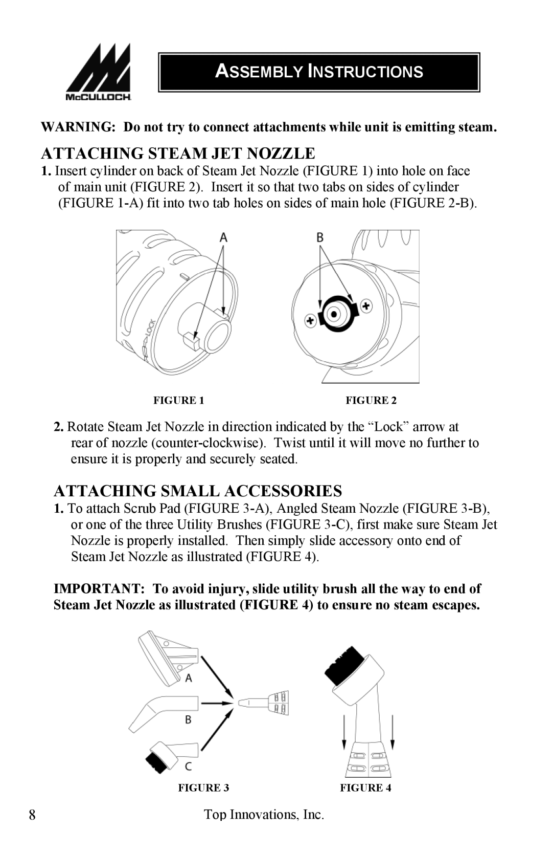 Top Innovations MC1227 warranty Attaching Steam JET Nozzle, Attaching Small Accessories 