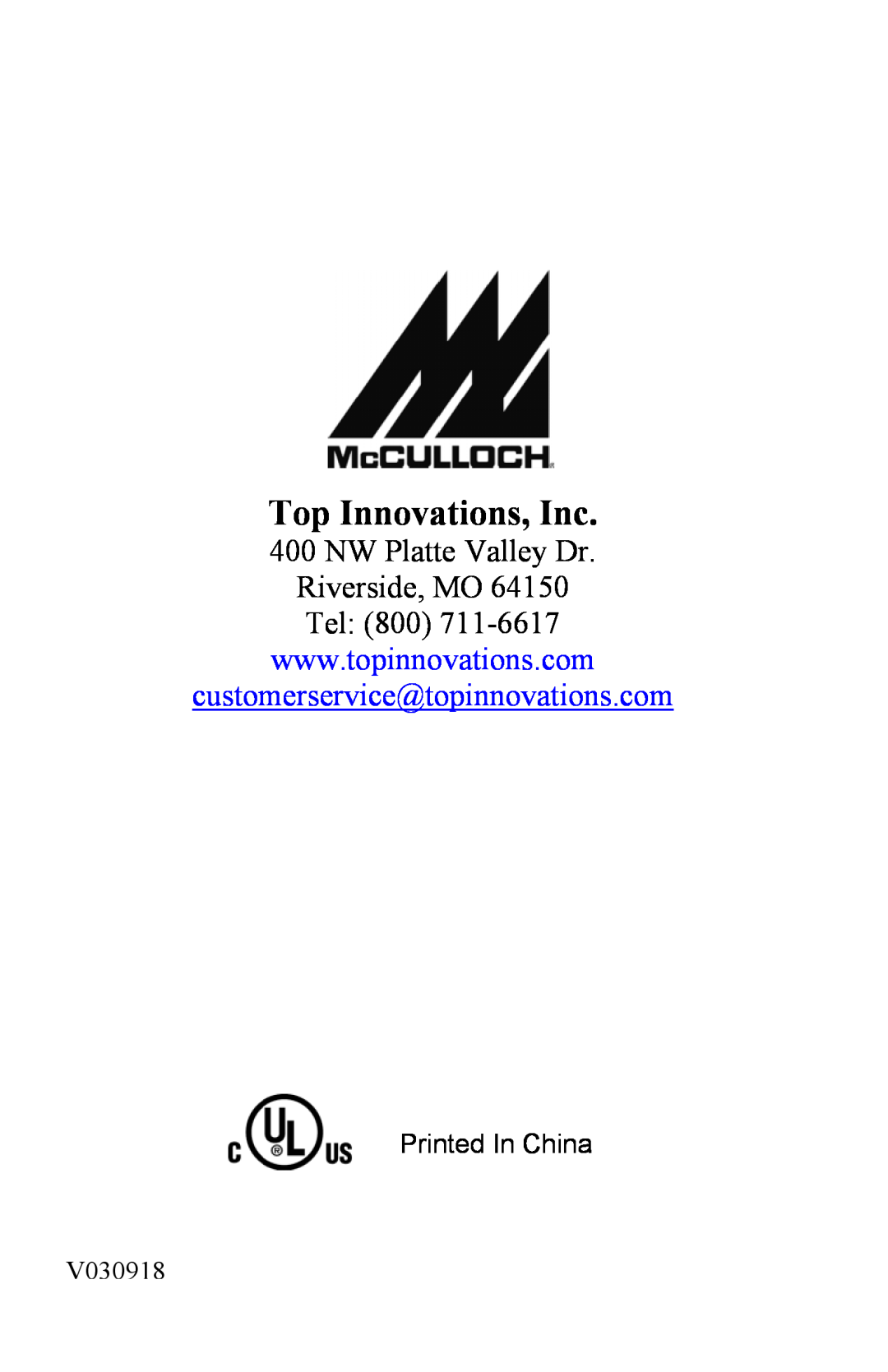 Top Innovations MC1227 Top Innovations, Inc, NW Platte Valley Dr, customerservice@topinnovations.com, Printed In China 
