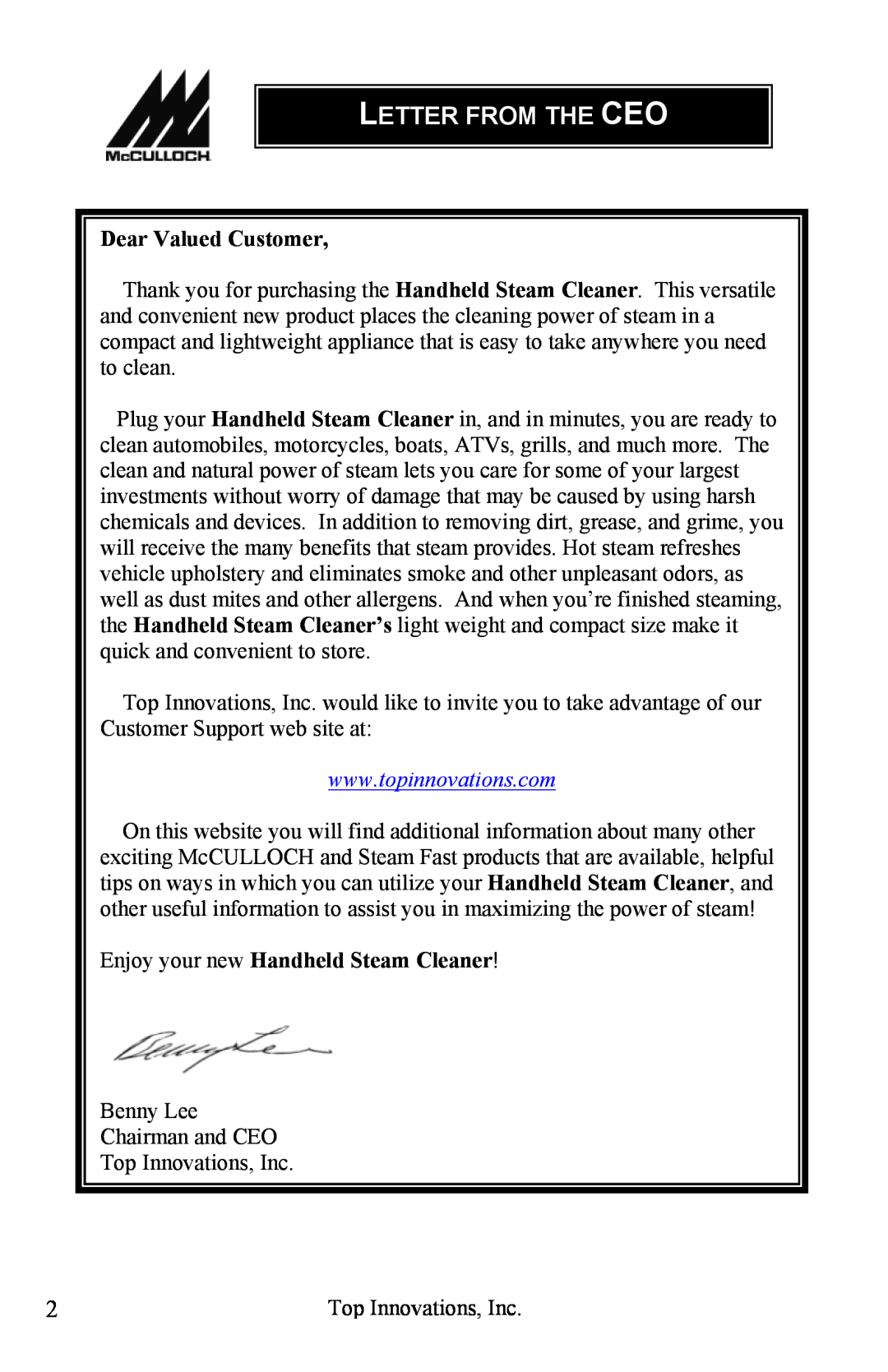 Top Innovations MC1227 warranty Letter From The Ceo, Dear Valued Customer, Enjoy your new Handheld Steam Cleaner 