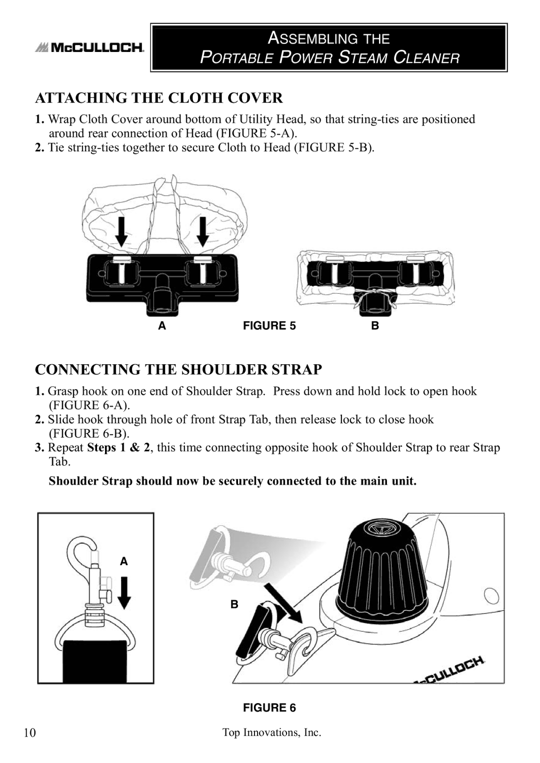 Top Innovations MC1246 warranty Attaching the Cloth Cover, Connecting the Shoulder Strap 