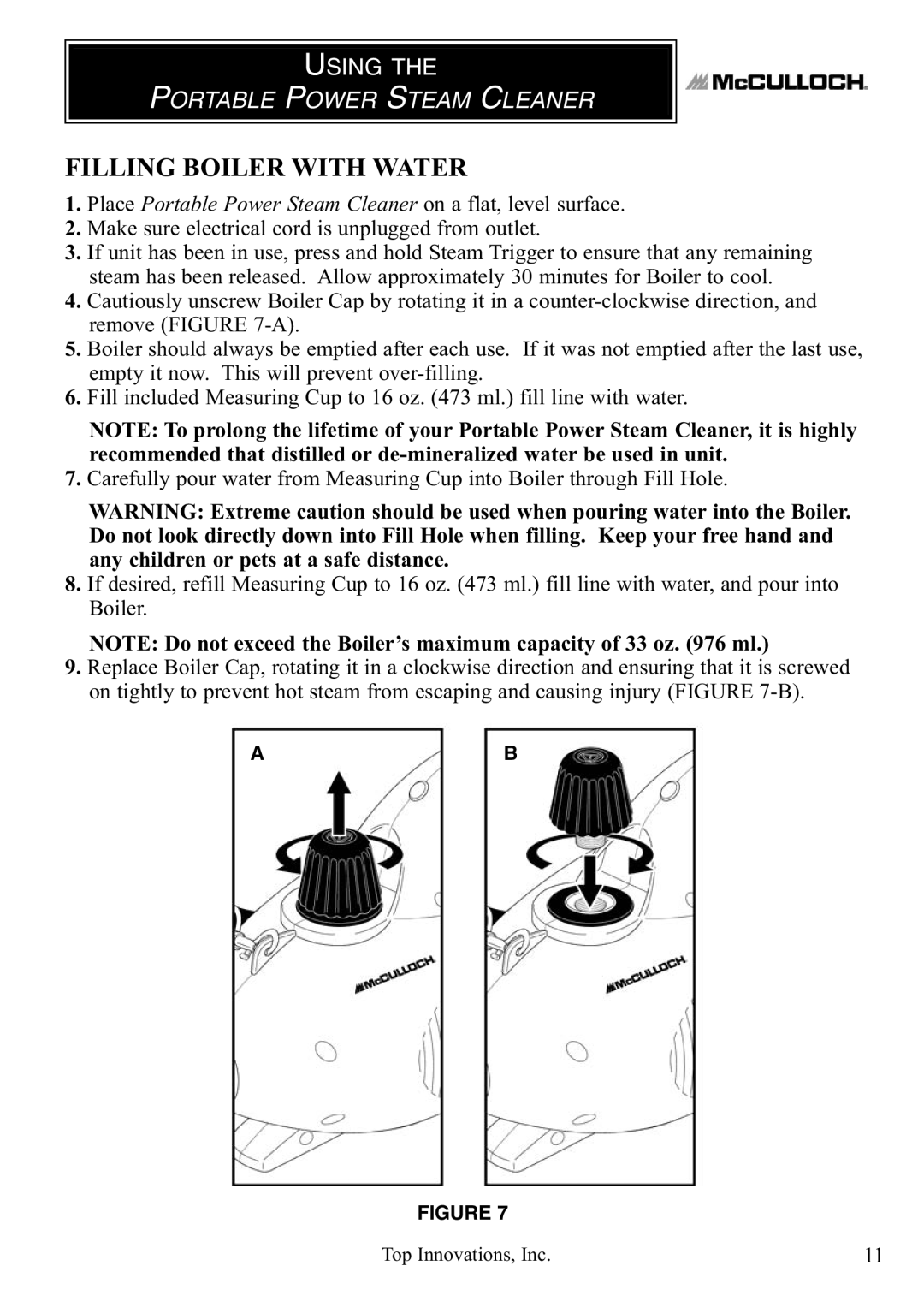 Top Innovations MC1246 warranty Filling Boiler with Water, Using 