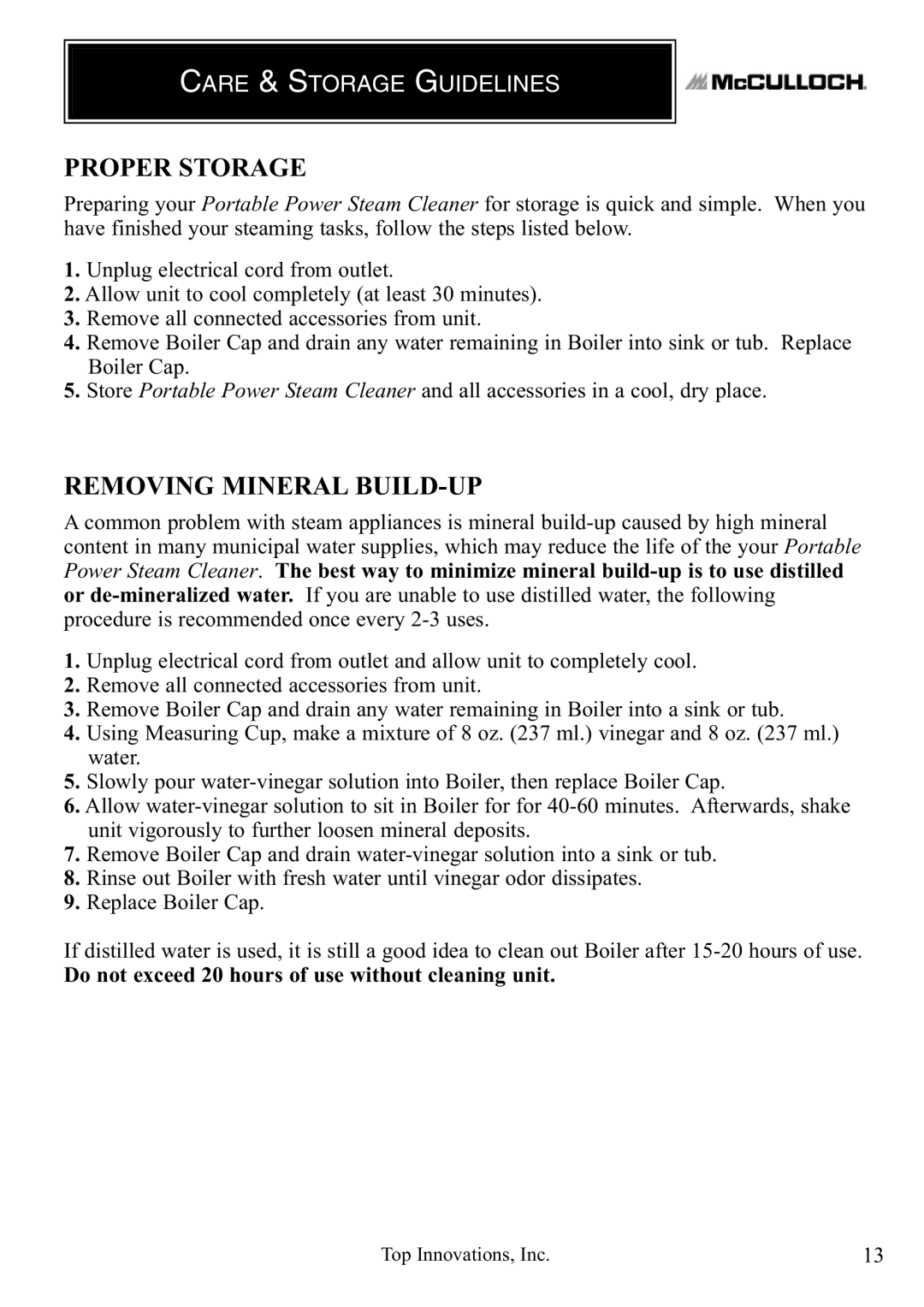 Top Innovations MC1246 warranty Proper Storage, Removing Mineral BUILD-UP, Care & Storage Guidelines 