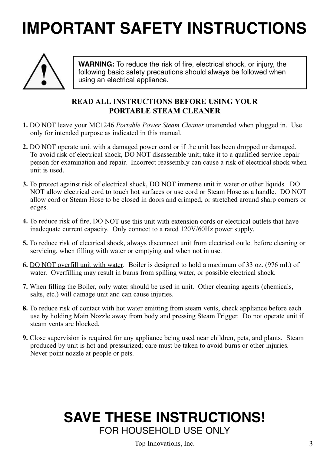 Top Innovations MC1246 warranty Important Safety Instructions 