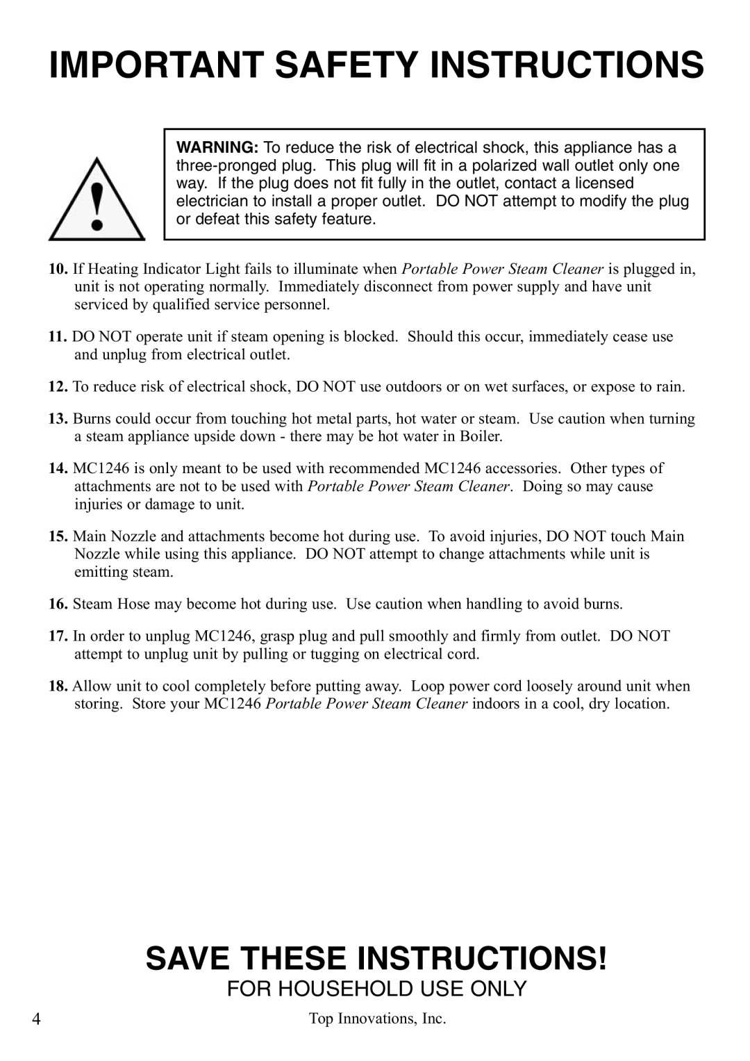 Top Innovations MC1246 warranty Important Safety Instructions 