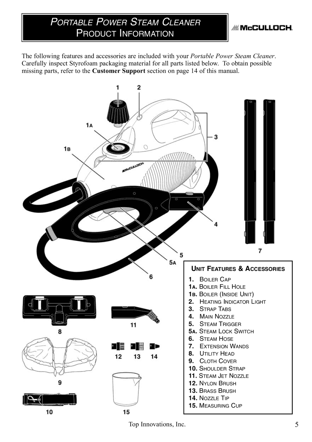 Top Innovations MC1246 warranty Portable Power Steam Cleaner, Product Information 