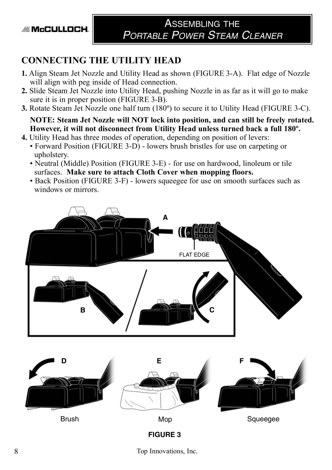 Top Innovations MC1246 warranty Connecting the Utility Head 