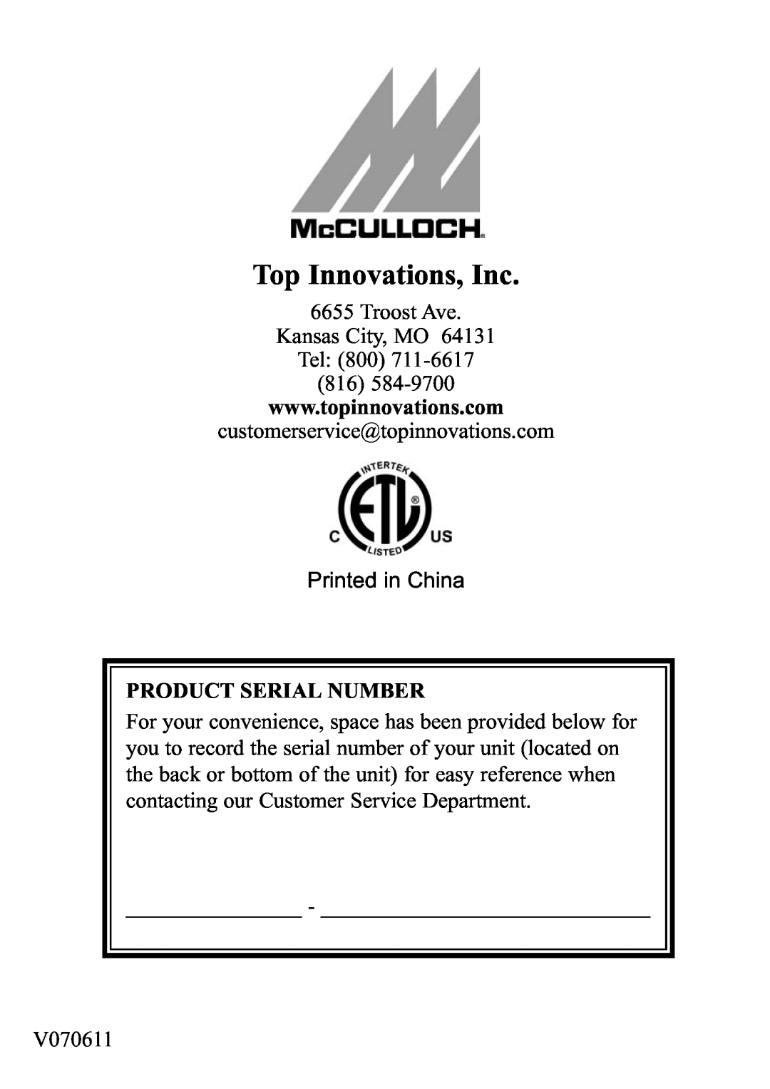 Top Innovations MC1246 warranty Product Serial Number, Top Innovations, Inc 