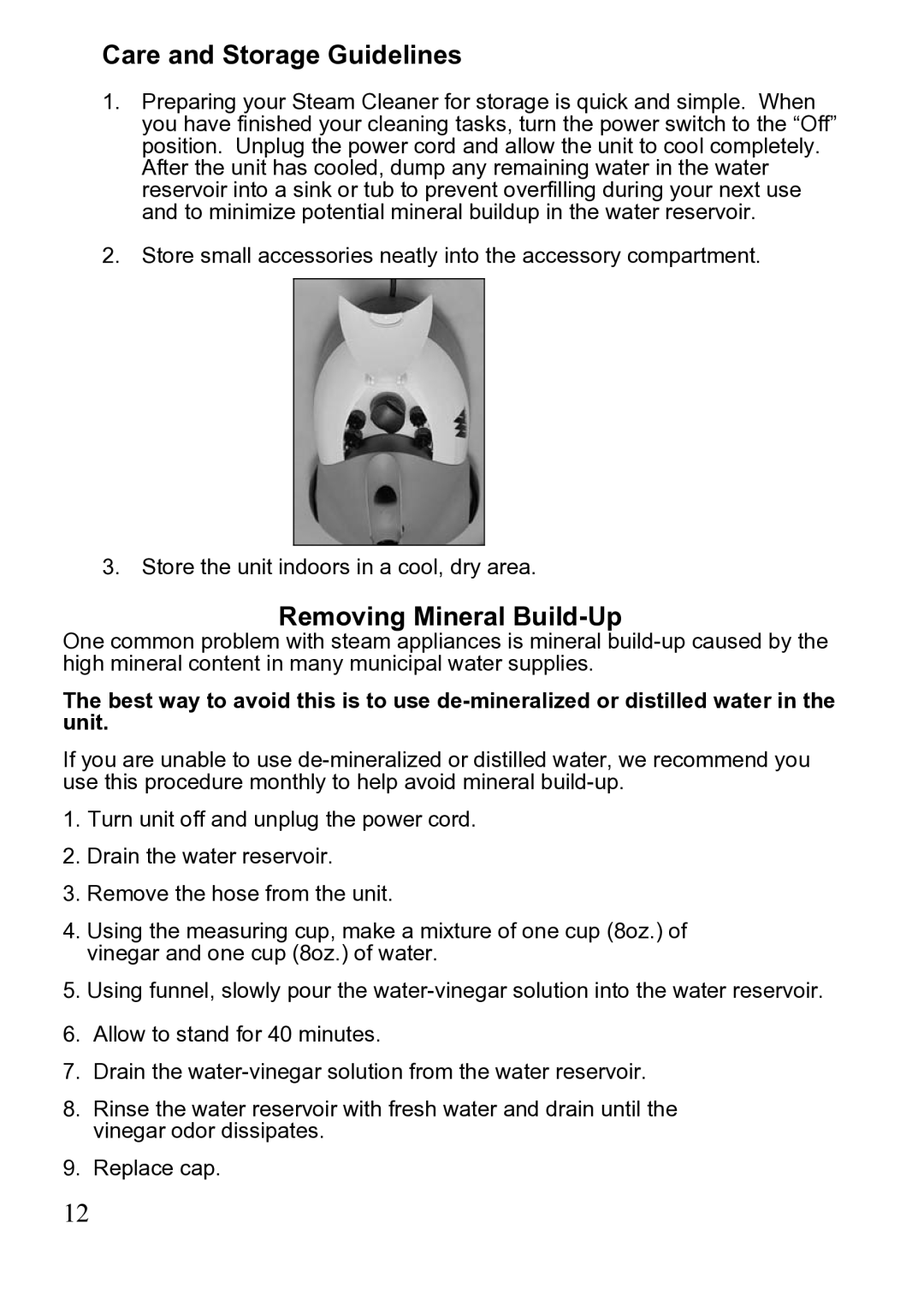 Top Innovations MC1275 owner manual Care and Storage Guidelines, Removing Mineral Build-Up 