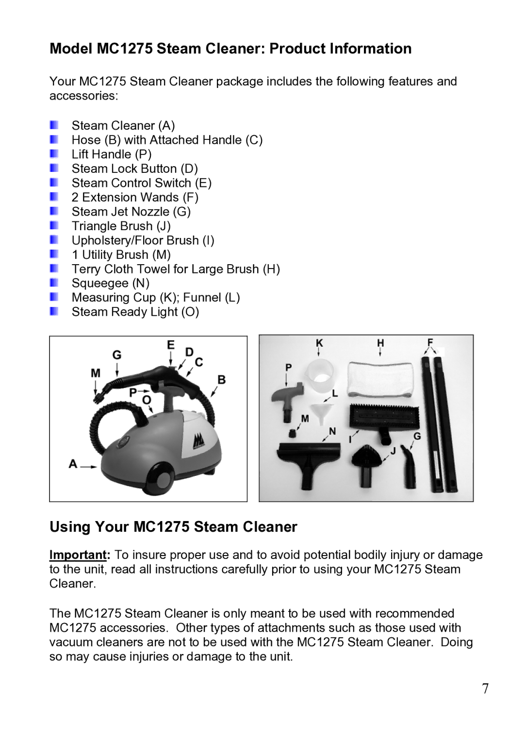 Top Innovations owner manual Model MC1275 Steam Cleaner Product Information, Using Your MC1275 Steam Cleaner 