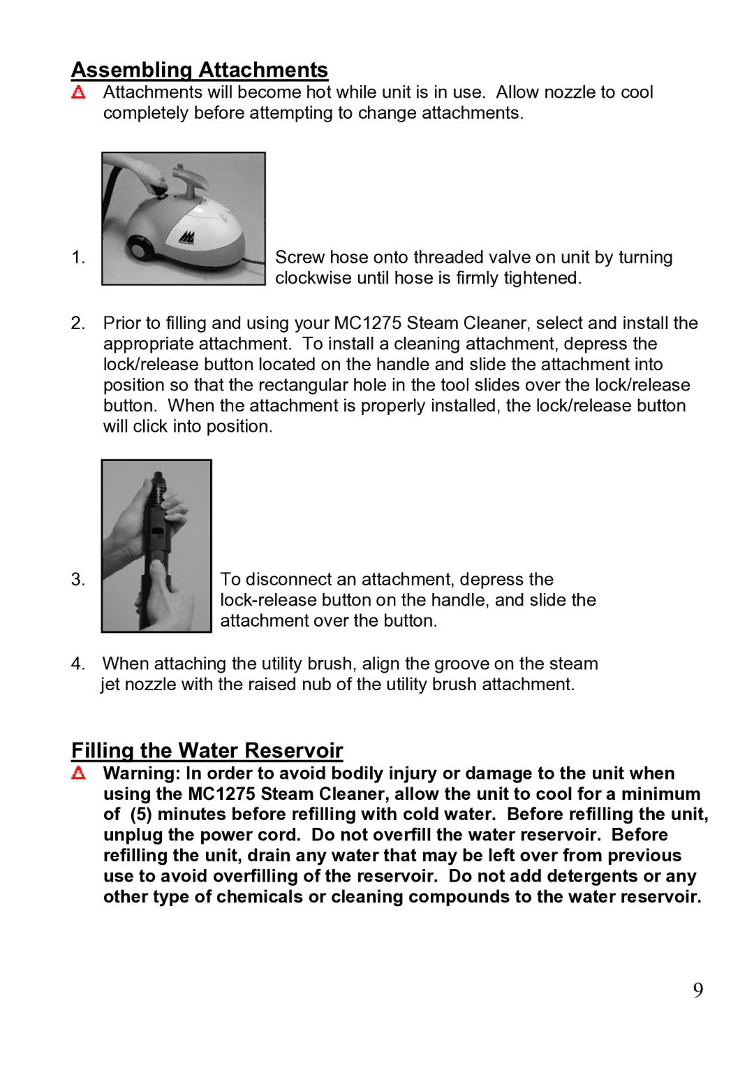 Top Innovations MC1275 owner manual Assembling Attachments, Filling the Water Reservoir 