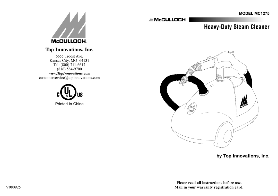 Top Innovations MC1275 warranty Heavy-Duty Steam Cleaner 