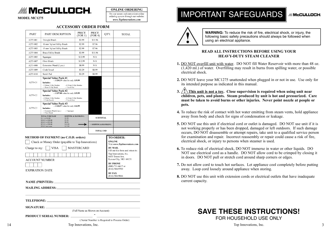 Top Innovations MC1275 warranty Important Safeguards 