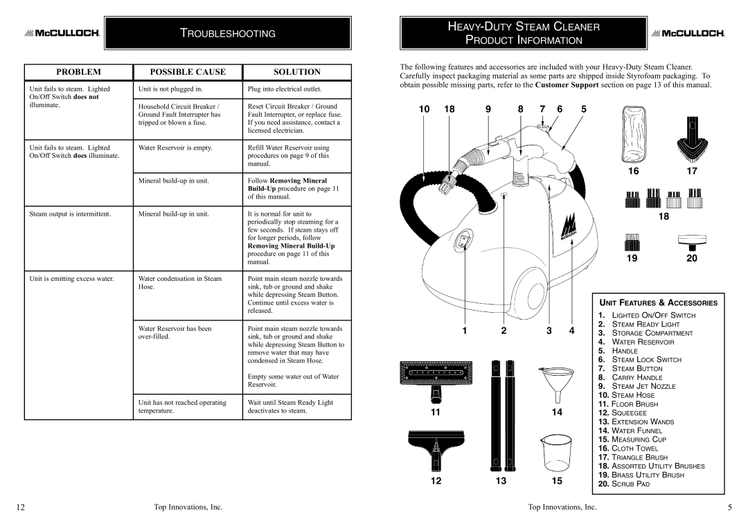 Top Innovations MC1275 warranty Troubleshooting, HEAVY-DUTY Steam Cleaner Product Information 