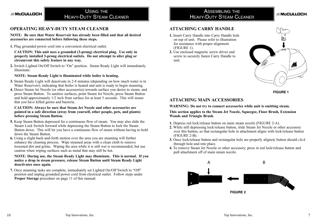 Top Innovations MC1275 warranty Operating HEAVY-DUTY Steam Cleaner, Attaching Carry Handle, Attaching Main Accessories 