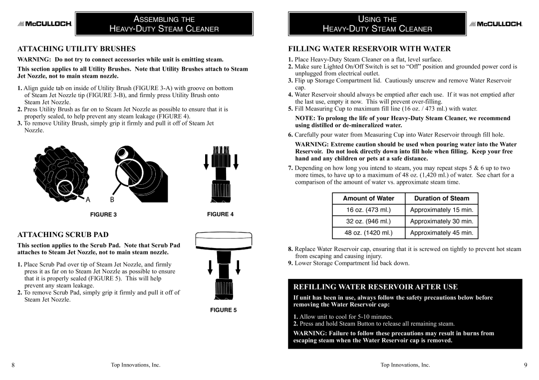 Top Innovations MC1275 warranty Attaching Utility Brushes, Filling Water Reservoir with Water, Attaching Scrub PAD 