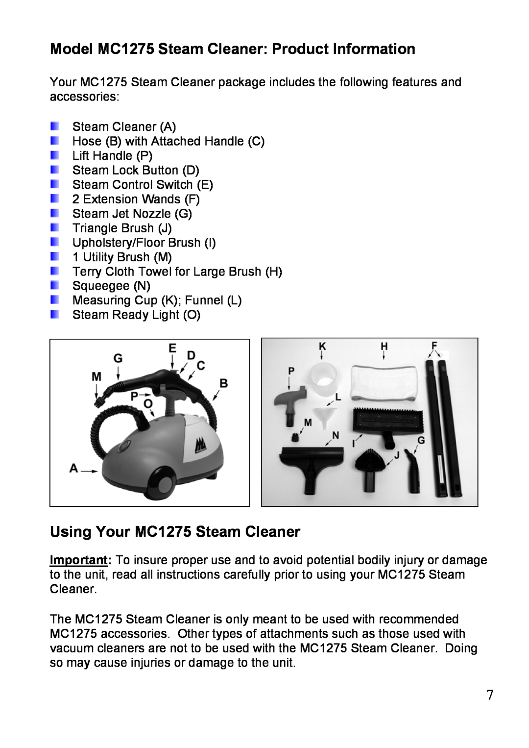 Top Innovations owner manual Model MC1275 Steam Cleaner Product Information, Using Your MC1275 Steam Cleaner 