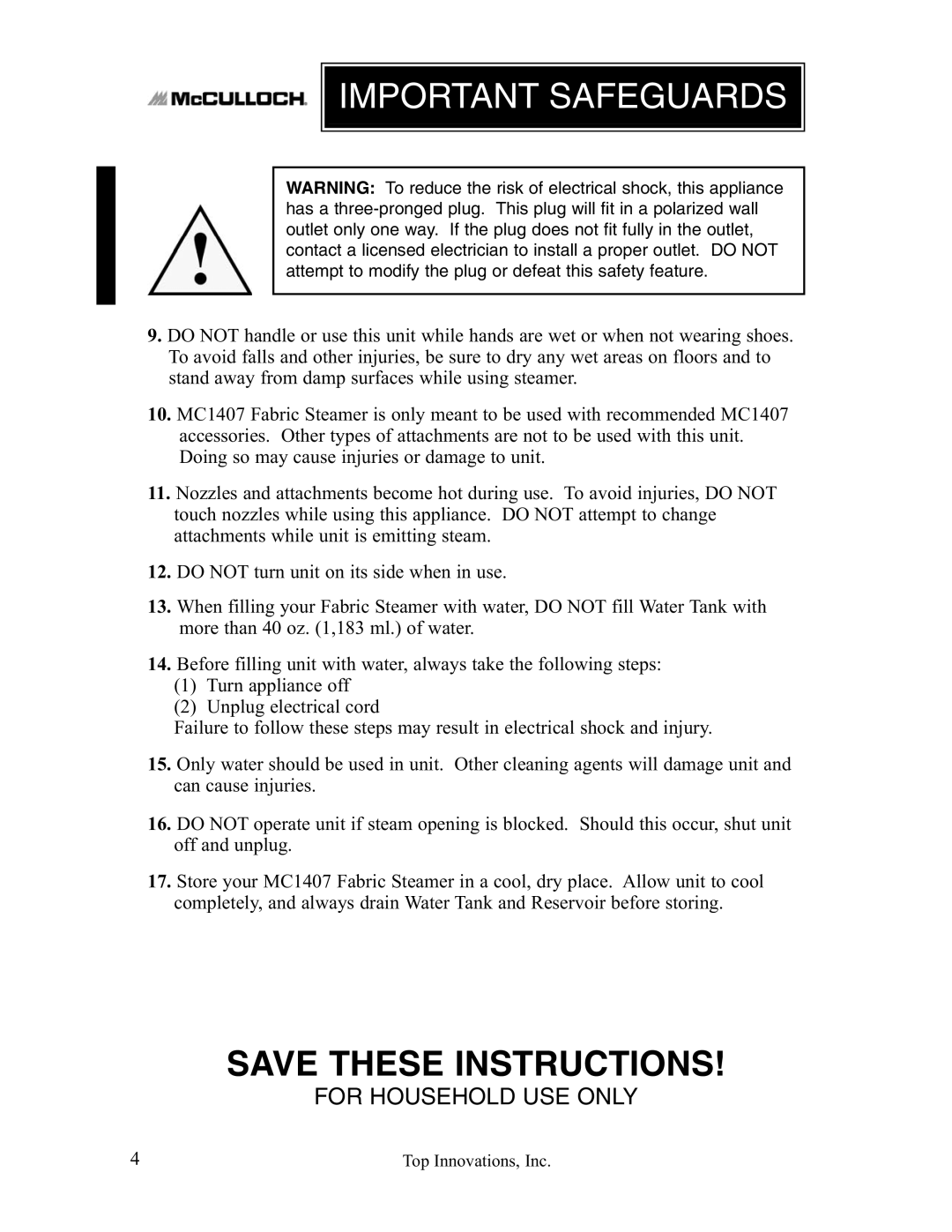 Top Innovations MC1407 warranty Important Safeguards 