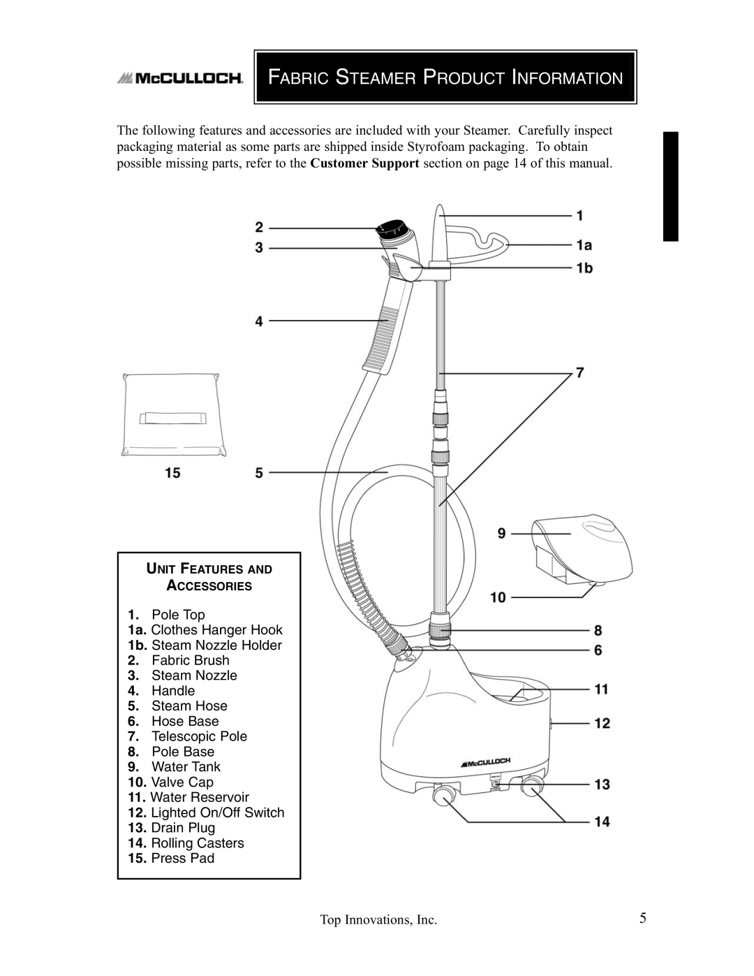 Top Innovations MC1407 warranty Fabric Steamer Product Information 