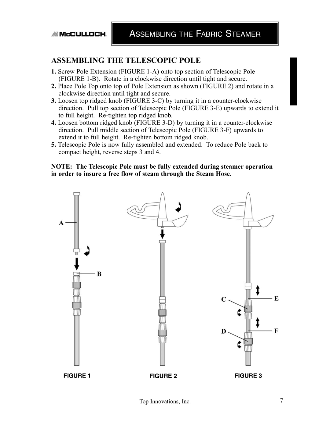 Top Innovations MC1407 warranty Assembling the Telescopic Pole, Assembling the Fabric Steamer 